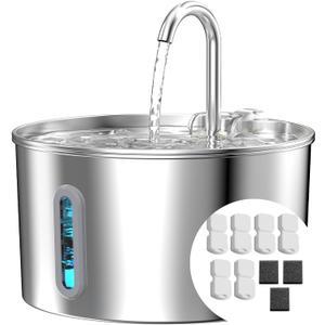 Cat Water Fountain Stainless Steel: 74oz/2.2L Cat Fountain for Drinking - Pet Water Fountain for Cats Inside - Automatic Dog Water Dispenser Bowl Feeding & Watering Supplies 6 Filters 3 Sponges