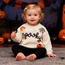 Halloween Toddler Girl Sweater Spooky Hand Embroidered Sweater Fall Ghost Pumpkin Outfit 1-5Y (4-5T, Beige)