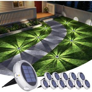 YiLaie Solar Ground Lights Outdoor IP68 Waterproof, Cold White 12 Pack | Flat Solar Driveway Lights Stick On & Stake,Disc Landscape Lighting Outside for Deck,Garden,Lawn,Pathway,Dock,Step,pool