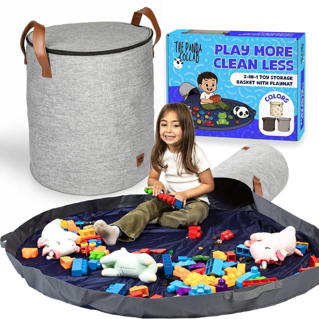Toy Storage Basket and Playmat - Large Toy Blanket Storage Mat with Zippers - Slide Away Canvas Bag Storage Bin - Sturdy Kids Storage Baskets & Mat - Toy Bag Play Mat for Girls & Boys, Light Grey