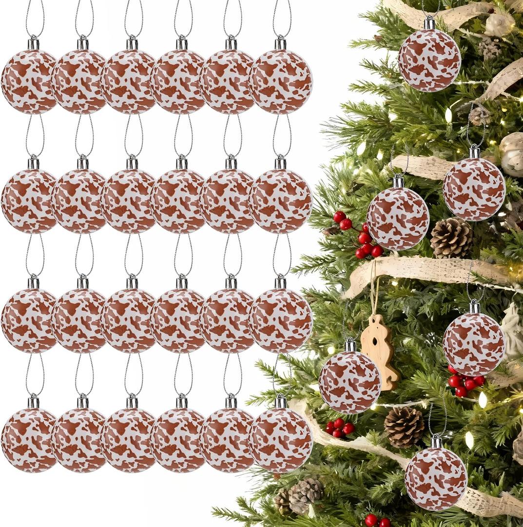 24pcs Cow Print Balls for Western Christmas Tree Decorations - Rustic Christmas Ornaments, 2.4in Brown & White Hanging Ball for Wreath Garland