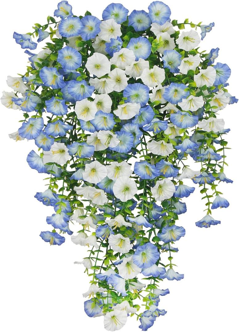 3 Pcs Artificial Hanging Flowers for Outdoors Morning Glory Artificial Flowers Spring Summer Decoration UV Resistant Blue Faux Flowers for Outdoor Planters Front Door Porch Patio Yard Decor