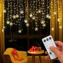 String Lights LED Curtain Light, 96 LED Fairy Hanging String Lights Waterproof Christmas Snowflake Lights with Wireless Control for Outside Indoor Bedroom Party Fence Patio - Warm White