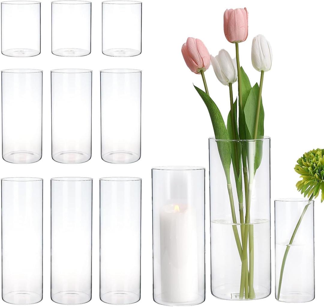 PHOSPHOR 8 PCS Glass Candle Holders for Pillar Candle Clear Glass Cylinder Centerpieces Vases Table Decoration Centerpiece Hurricane Candle Holder Glass
