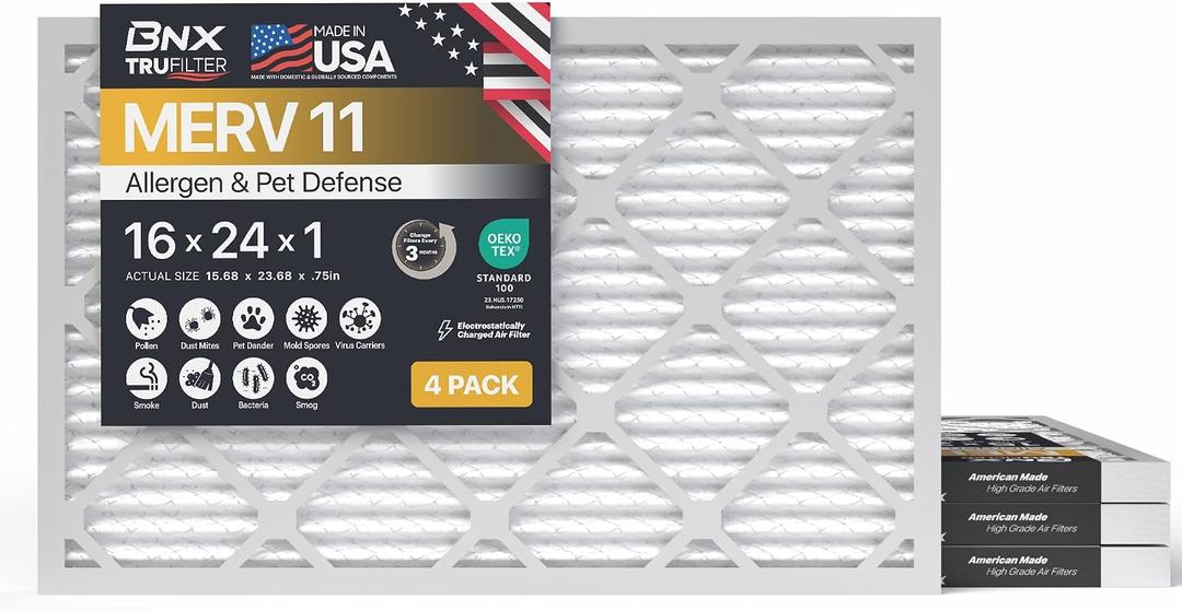 BNX TruFilter 16x24x1 Air Filter MERV 11 (4-Pack) - MADE IN USA - Allergen Defense Electrostatic Pleated Air Conditioner HVAC AC Furnace Filters for Allergies, Dust, Pet, Smoke, Allergy MPR 1200 FPR 7