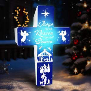 LawnIdyll Jesus is The Reason for The Season Solar Stake, Cross Shaped Nativity Scene Outdoor Decor Holy Night Lighted Religious Yard Decoration, LED Solar-Powered Christmas Outside Yard Garden Stake