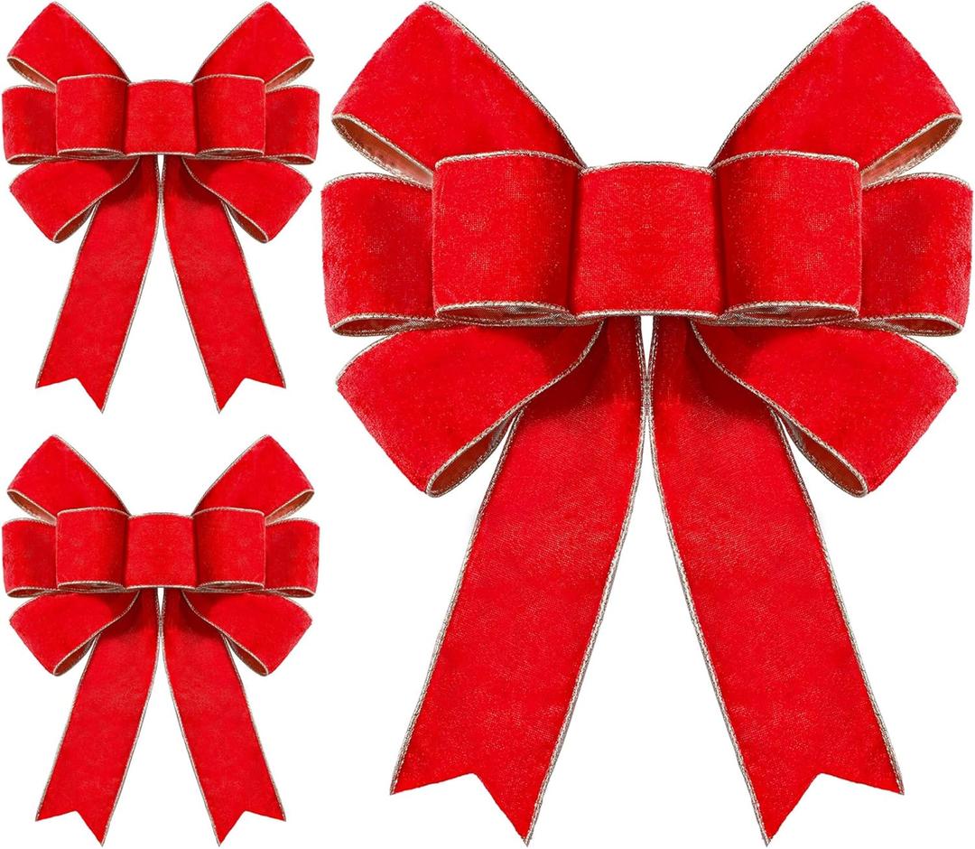 DIYDEC 3PCS Christmas Red Bows Decorations 12 x 14 Inches Large Velvet Christmas Tree Wreaths Bows with Glitter Gold Edge for Xmas Home Fence Stairs Railing Fireplace Indoor Outdoor Front Door Decor