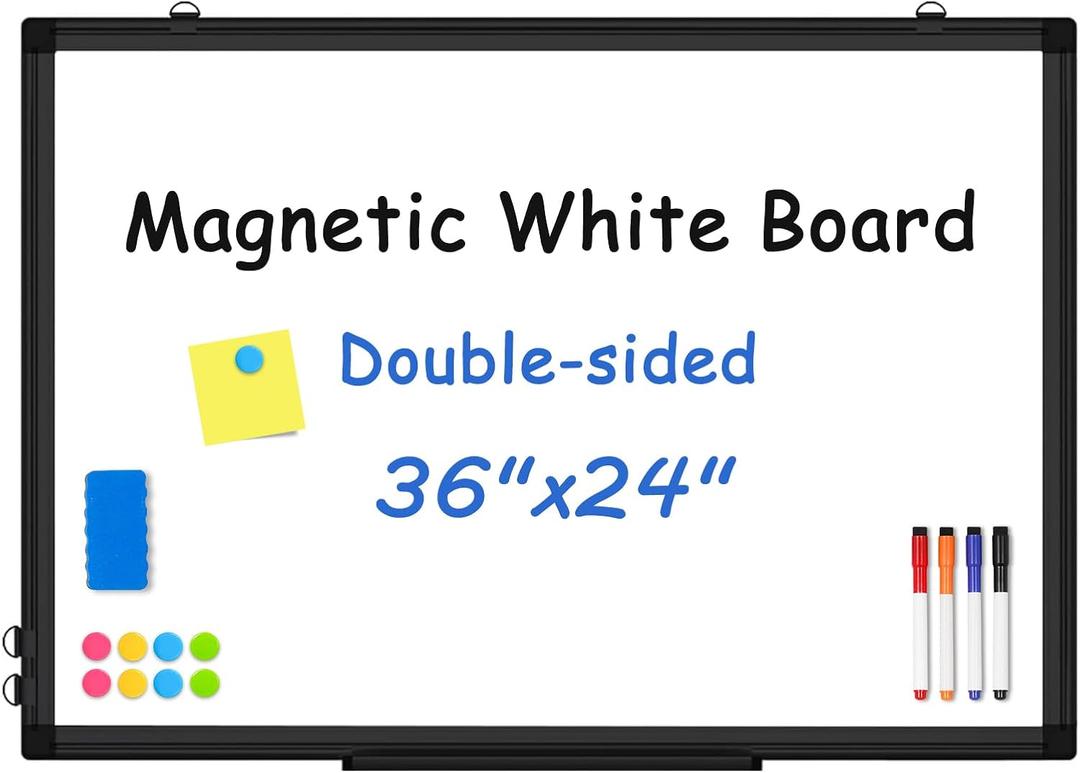 Double-Sided White Board Black Aluminium Frame, 36" x 24" Dry Erase Board Magnetic Whiteboard for Wall, Hanging Mounted Whiteboard Home, School, Office, Kitchen