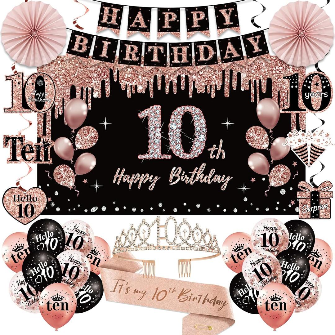 10th Birthday Decorations for Girl, 33pcs Black Rose Gold Happy 10th Birthday Banner 10 Birthday Crown and Sash Balloons Backdrop Hanging Swirls Paper Fans, 10 Years Old Party Supplies Kit