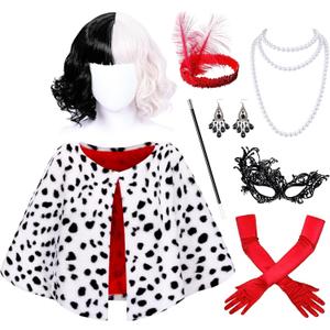 Akokvlar Halloween Costumes for Women Dalmatian Shawl with Gloves Wigs Mask Earrings Headband Set (White, Medium)