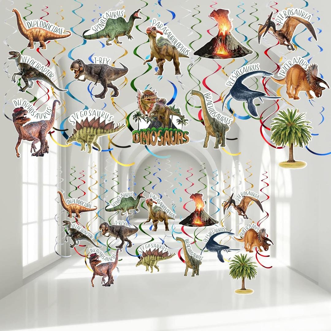Faccito 57 Pcs Dinosaur Hanging Swirls Birthday Party Decorations Dinosaur Foil Swirls Ceiling Spiral Streamers for Girl Boy Baby Shower Jungle Theme Party Supplies, Only 27 Cards