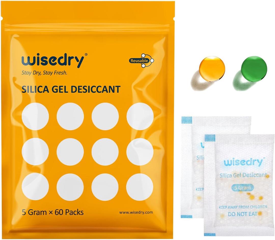 isedry 5 Gram [60 Packs] Food Grade Silica Gel Packs Rechargeable Desiccant Dehumidifiers Pouches with Color-Indicating Beads Reusable Moisture Absorbers for Food Storage