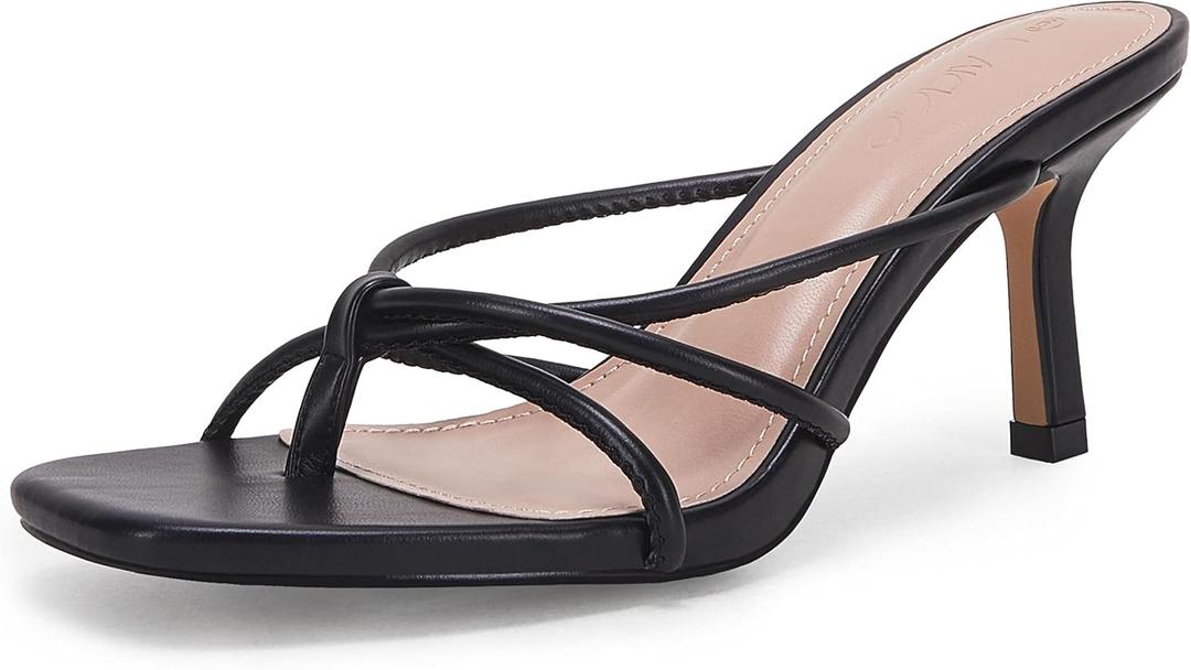 LAICIGO Womens Square Open Toe Flip Flops Stiletto Heels Strappy Thong Slide on Slingback Mules Sandals (7, Black)