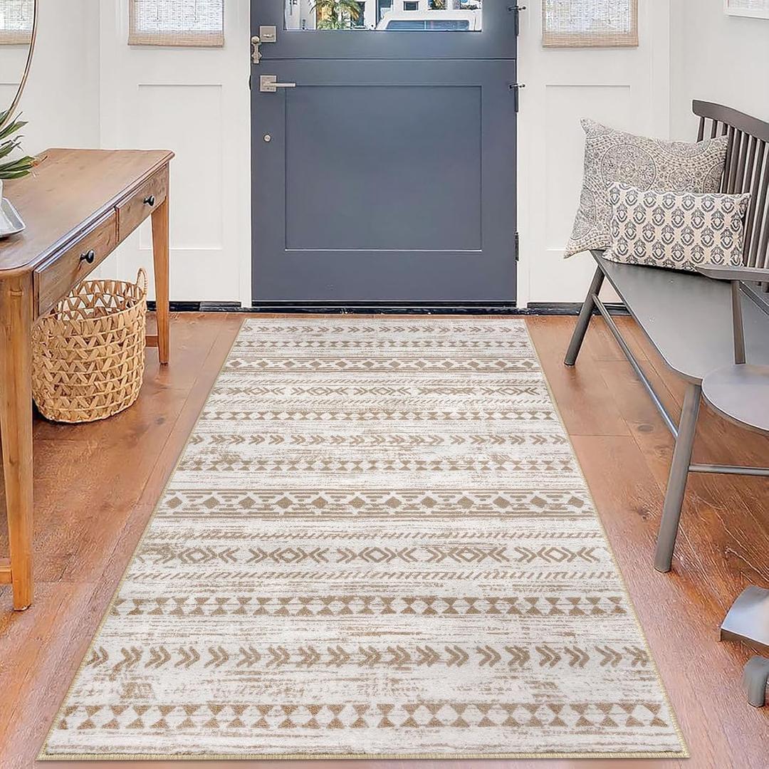 Boho 3x5 Area Rug for Living Room, Beige Brown Neutral Moroccan Washable Entryway Rugs Non-Slip, Ultra Soft Print Distressed Geometric Bedroom Rug Low-Pile Throw Carpet for Nursery Dorm