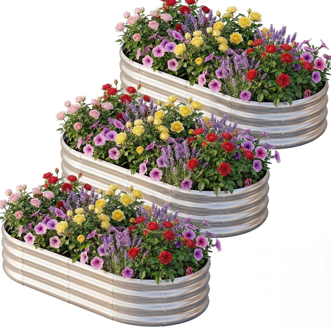 AHEONLAR 3 Pack 631ft Galvanized Raised Garden Bed, Oval Metal Garden Bed Planter Boxes Outdoor, Durable Raised Garden Beds Outdoor for Vegetables, Flowers, Silver