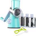 Ourokhome Rotary Cheese Grater Hand Crank, Kitchen Shredder Speed Mandolin Slicer Nut Grinder with Handle and Drum Blades for Cheese, Vegetable, Walnut, Chocolate, Potato, Carrot, 3 Blades, Blue