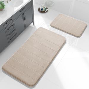 Yimobra Large Bath Mat Set 2 Piece- Super Soft Absorbent Quick Dry Memory Foam Bathroom Rugs, Machine Washable Non Slip Floor Carpet for Tub Shower & Double Vanity (17x24 & 44x24, Beige)