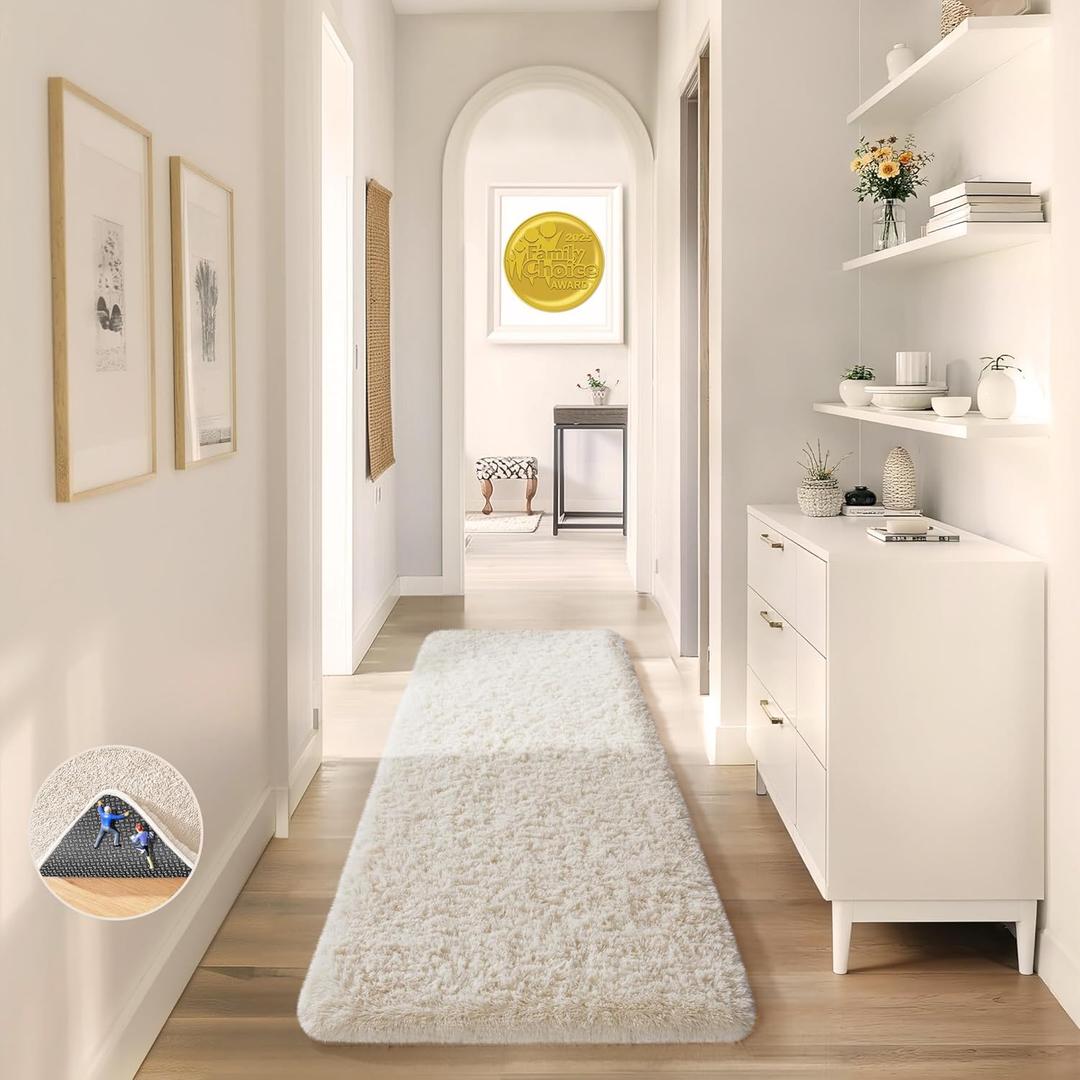 Ophanie 2x8 Runner Rug for Hallway, Upgrade Non-Slip Fluffy Soft Bedside Rugs, Bedroom Living Room Ivory Shaggy Carpet for Kids Girls Boys Dorm Nursery Home Decor Aesthetic