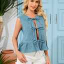 Denim Tops for Women Jean Vest Top Sleeveless V Neck Waistcoats Suit Denim Vest Bow Tie Front Peplum Crop Tank Tops (Small, 01-light Blue)