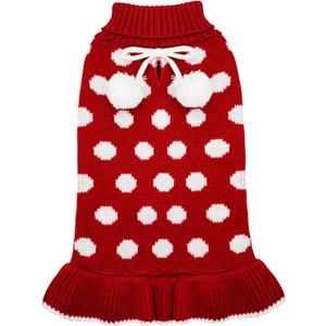 KYEESE Red Dog Sweater Dress with Leash Hole Turtleneck for Girl Dog Sweater Small Medium Knit Pullover Warm Pet Sweater for Fall Winter (X-Large (19-27lbs), 04# Polkadot (Red))