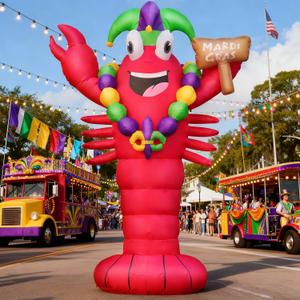 DomKom 12FT Mardi Gras Inflatable Lobster Crawfish, Carnival Giant Jumbo Crayfish with Beads Jester Hat and Fleur De Lis Blow up Yard Decoration, Outdoor Built-in LED Lights Lawn Holiday Decor Outside