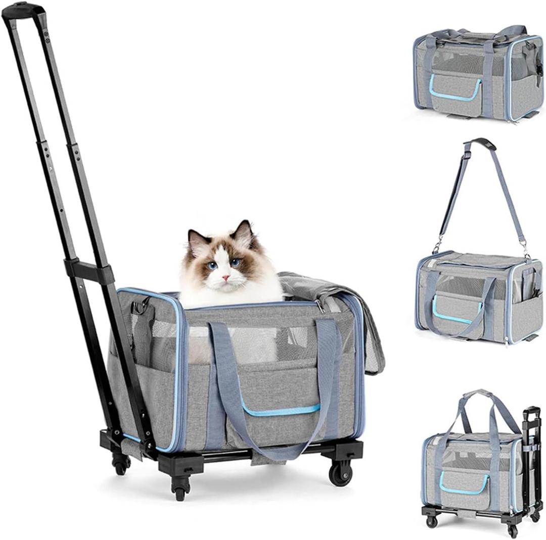 Pet Carrier with Wheels,Airline Approved Dog Carrier with Wheels and Telescopic Handle,Rolling Pet Carrier with Breathable Mesh for Cat & Small Dog