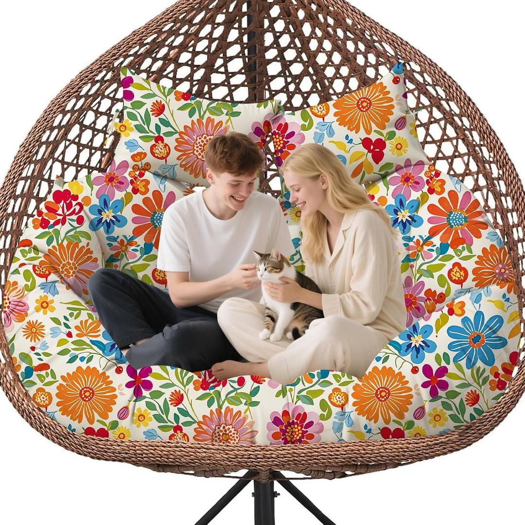 Double Egg Chair Cushion Replacement Waterproof for Outdoor Patio Hanging Basket Egg Chairs, 59x43-Inch Thickened 100% Cotton Large Double Eggs Swing Chair Cushions, Colored Daisy
