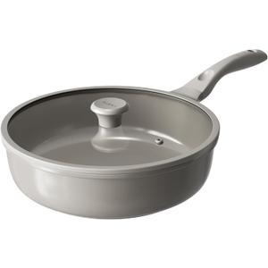 Redchef Ceramic Coated Nonstick Frying Pan with Cover, Large Deep Saute Pan Skillet, Induction Ready, Dishwasher Safe, PFOA PFOS Free, Non Toxic, Glass Lid Large Deep Frying Pan, Grey (5.5Qt, 12") (Gray)