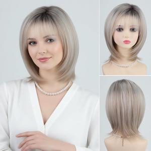 RENERSHOW Layered Mid-length Mix Blonde Bob Wig with Bangs Straight Heat Synthetic Wigs for White Women 12-inch Adjustable Average Size Natural Looking Daily to Party Ombre Wig