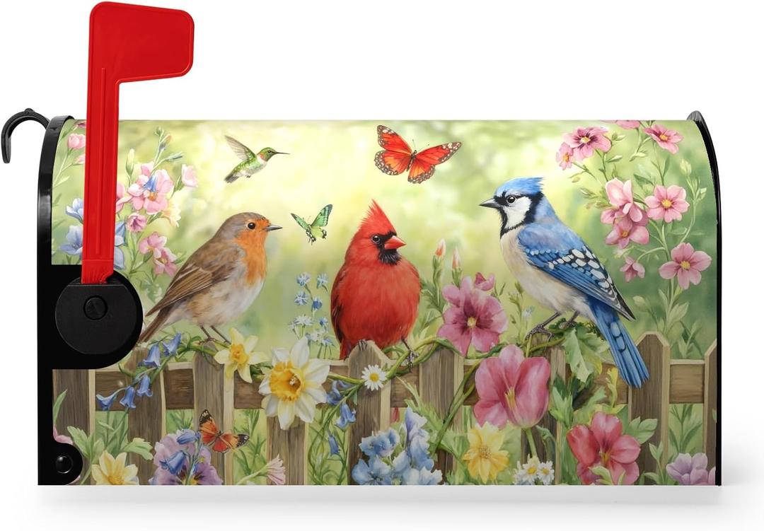 Spring Summer Birds Mailbox Covers Magnetic Standard Size 21x18 Inch Colorful Flowers Bird Mailbox Cover Seasonal Spring Decorations Post Letter Box Wrap for Outdoor Garden