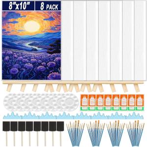 Fesorsi 8 Pack Mini Canvas and Easel Set, 8×10 Inch Paint Party Kit Include 8 Small Easels 8 Color Palettes 8 Pen Holders 8 Sponge Brushes 16 Apron and 40 Brushes, Canvas Kit for Painting Party