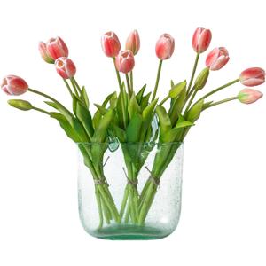 DUYONE 15pcs Artificial Tulips Flowers, Latex Bouquet, Fake Tulips for Office Wedding Party Home Kitchen Garden Decoration-B Coral Pink