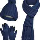 MissShorthair Womens Beanie Winter Hats 3 in 1 Knit Warm Hat Gloves and Scarf Set Women Scarves for Cold Weather (Blue)