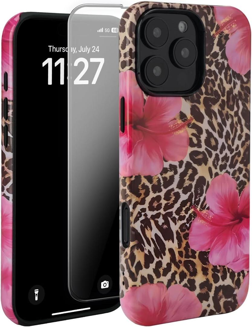 Compatible with iPhone 17 Pro Max Case, Cute Leopard Pink Hibiscus Tropical Floral Pattern Phone Case with HD Screen Protector