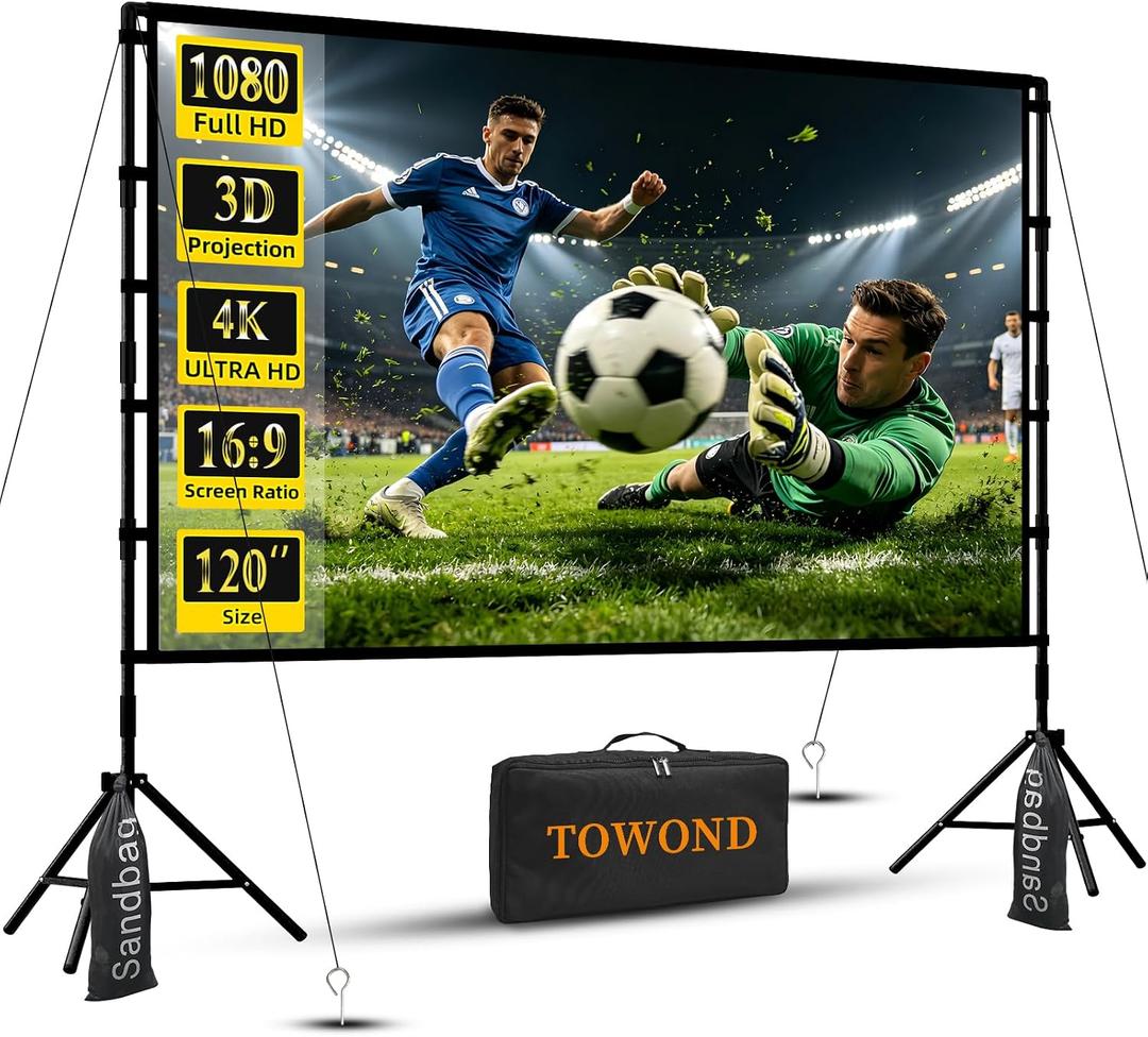 TOWOND 120 Inch Outdoor Projector Screen with Stand, Bolded 25mm Bracket | Thick 25mm sectional frame balances strength and fast setup; includes 6 ropes, 6 stakes and 2 sandbags.