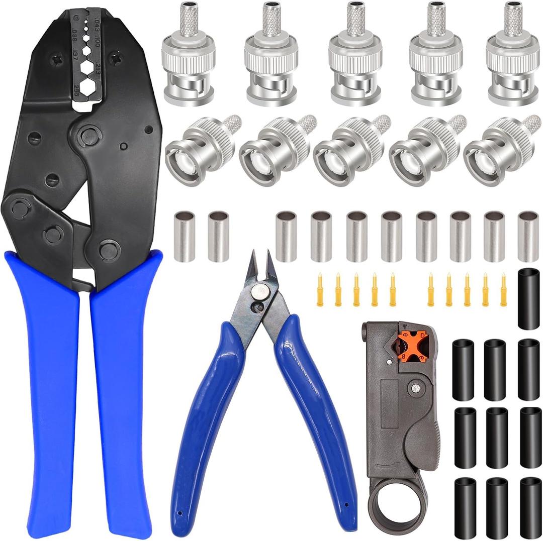 Taiss Coaxial Cable Tool Kit BNC Crimp tool with 10PCS BNC Male Crimp Connector,Coaxial Cable Stripper Cutter,Wire Cable Cutter and Heat Shrink Tube for RG58/RG59/RG62/RG174