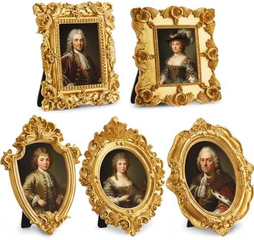 AceOrbit 5 Pcs Vintage Mini Gold Frame Small Resin Baroque Picture Frames Antique with Paper Board and PVC Film Retro Photo Ornaments for Home Wedding Wall Display DIY Decoration (Elegant Style)