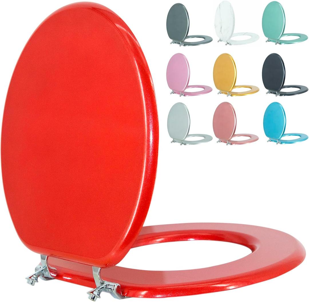 Round Toilet Seat Wood Toilet Seat Prevent Shifting with Zinc Alloy Hinges American Standard Size Toilet Seat Easy to Install also Easy to Clean (Round,Sparkling Christmas Red)