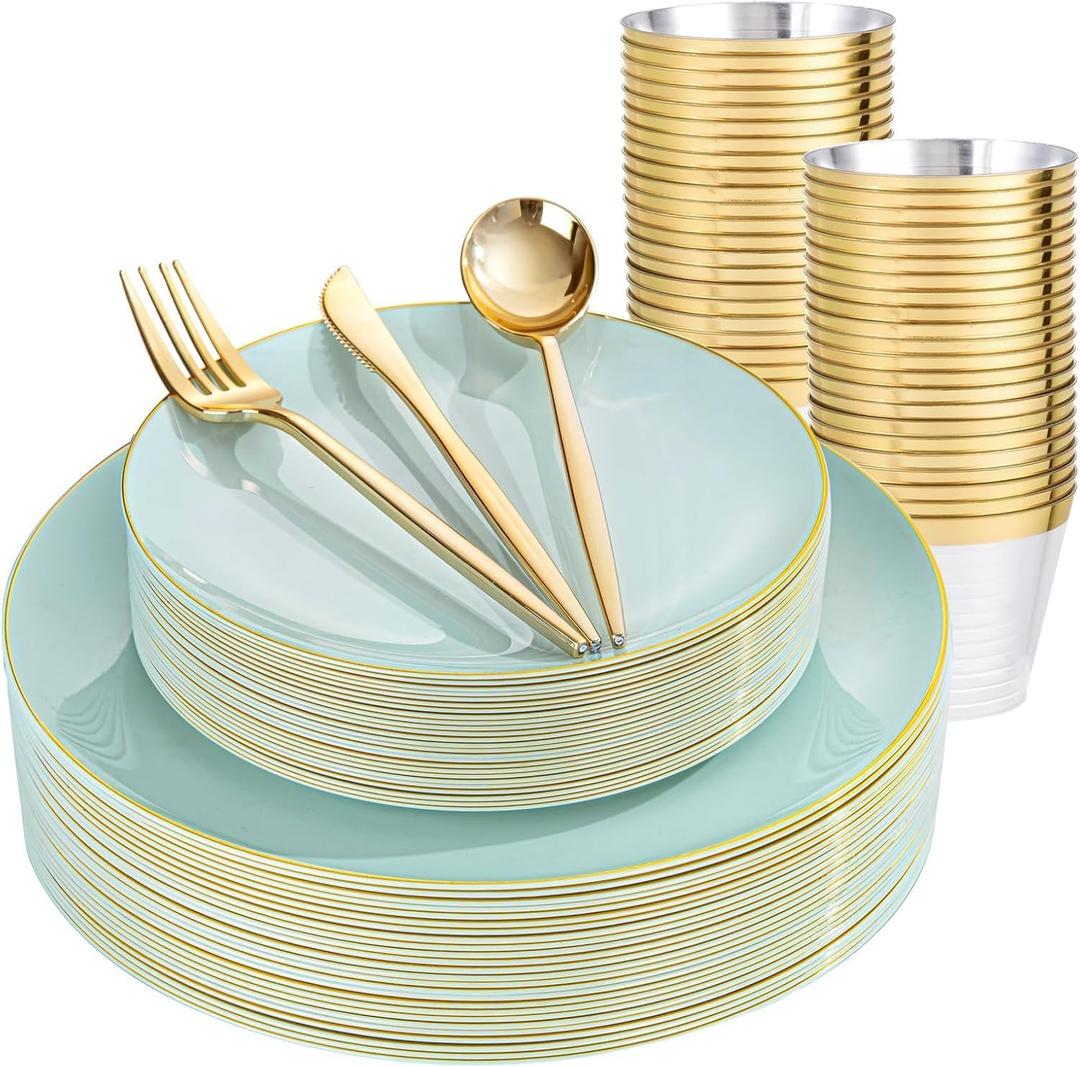 bUCLA 150PCS Green Plastic Plates - Sage Green with Gold Rim Disposable - Include 25 (Dinner & Dessert) Plates, 25 Knives, 25 Forks, 25 Spoons and 25 Cups for Party, Birthday & Spring