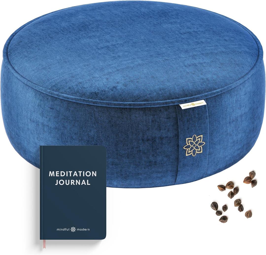 Mindful Modern Velvet Meditation Cushion | Luxe Zafu Yoga Floor Pillow Seat | Posture Support | Buckwheat Hull Filled | Large Round Cushion with Removable Washable Cover + Carry Handle (Royal Navy)