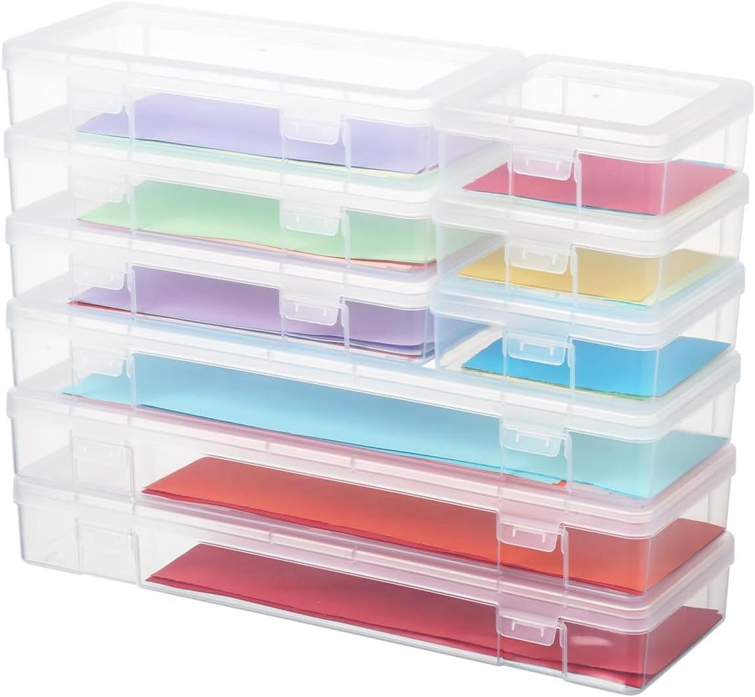 novelinks Stackable Plastic Clear Storage Box Containers with Latching Lid - Art Craft Supply Organizer Storage Containers for Pencil Box, Crayon, Beads (3 Small + 3 Medium + 3 Large -Clear)
