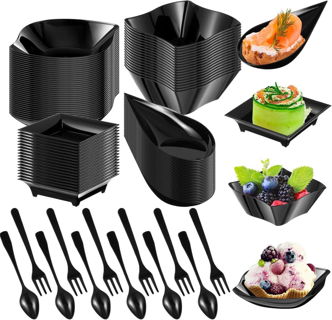 Tessco 200 Pcs Mini Appetizer Plates with Spoons Forks Disposable Mini Dessert Plates Plastic Appetizer Bowls Tiny Individual Serving Trays for Party(Black,Classic)