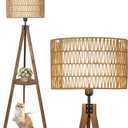 Boho Tripod Floor Lamps for Living Room, Rattan Wood Floor Lamp with Fabric Shades, Mid Century Standing Lamp with Shelf, Foot Switch, Modern Farmhouse Tall Lamps for Bedroom Office Brown