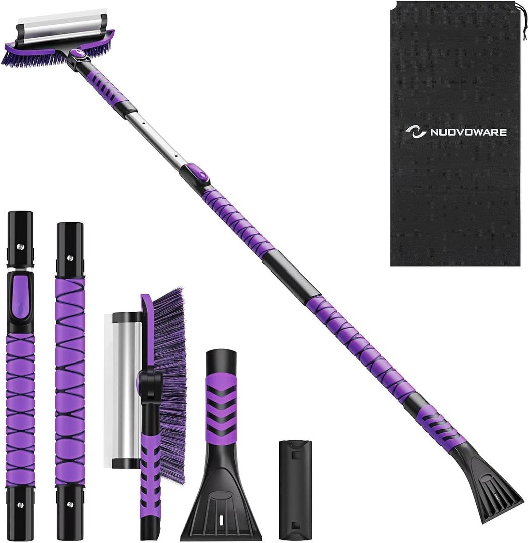 Nuovoware 60" Ice Scraper and Extendable Snow Brush for Car Windshield, 5 in 1 Adjustable Snow Removal Tools with 270 Pivoting Brush Head for Car Auto Truck SUV, Purple