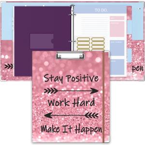 3 Ring Binder, 1 Inches Round Ring Binder with Clipboard, Dividers Tabs, PVC Zipper Bag Sleeves & to Do List Planners for Women, Men, School, Office Supplies, Work Hard