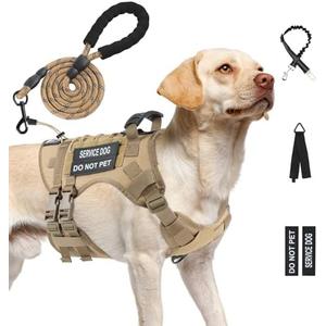 Yungaspy No Pull Tactical Dog Harness for Medium Dogs, Escape Proof Molle Dog Vest Harness and Leash Set, Adjustable Military Service Dog Harness with Handle for Medium Large Dogs(Brown,Large)