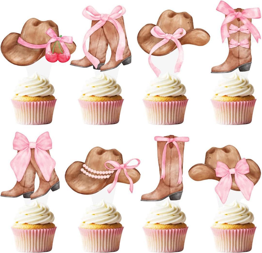 Cowgirl Boots and Hat Pink Bow Cupcake Toppers Coquette Cowgirl Cake Decorations 48PCS Boots and Hats Cupcake Picks Western Cowgirl Birthday Decorations for Girls Wild West Rodeo Party Supplies