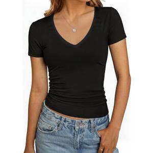 YOGINGO Basic Womens V Neck Short Sleeve T Shirt Slim Fit Tees 2026 Summer Y2k Going Out Fitted Tops Sexy Tight Shirts, Size 2 XL