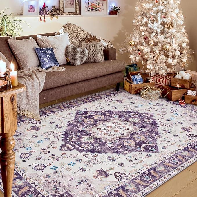 Amearea Vintage Design Area Rugs for Living Room, 6x9 Machine Washable Floral Collection Traditional Bedroom Rug, Low Pile Cute Kids Room Print Carpet, No Slip Office Kitchen Home Decor, Purple