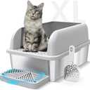 Enclosed Stainless Steel Cat Litter Box with Lid Extra Large Litter Box for Big Cats XL Metal Litter Pan Tray with High Wall Sides Enclosure, Non-Sticky, Anti-Leakage, Easy Cleaning (6" Deep, Light Grey & Sliver)